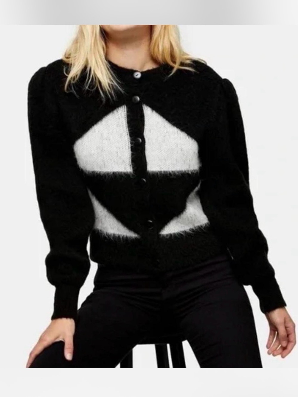 Topshop Black and White Geometric Button-Front Cardigan